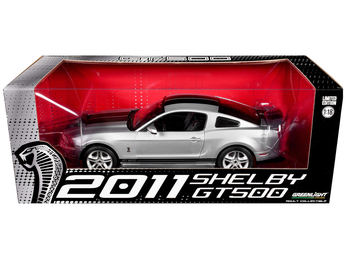 1:18 2011 Shelby GT500 Mustang -- Silver w/Black Stripes -- Greenlight