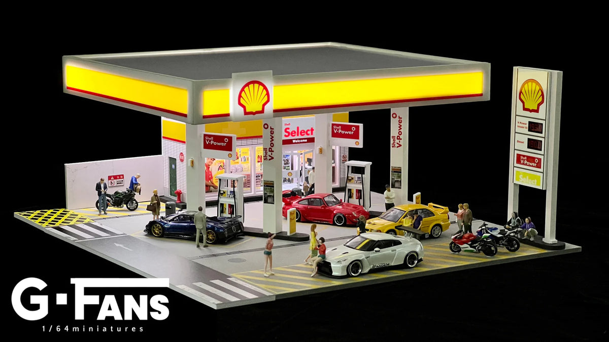 1:64 Shell Petrol Gas Fuel Station Diorama Display with LEDs -- G-Fans
