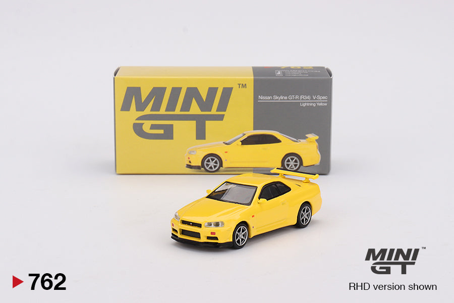1:64 Nissan Skyline GT-R (R34) V-Spec -- Lightning Yellow -- Mini GT M