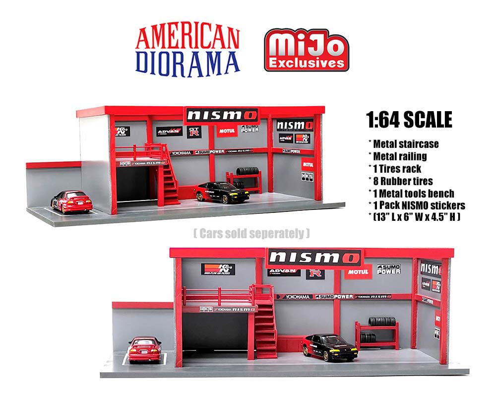 1:64 Garage Diorama w/ADVAN Yokohama NISMO Stickers -- American Dioram