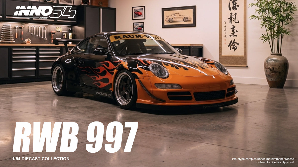 Pre-Order) 1:64 RWB 997 (Porsche 911) -- Black w/Orange Flames -- INN