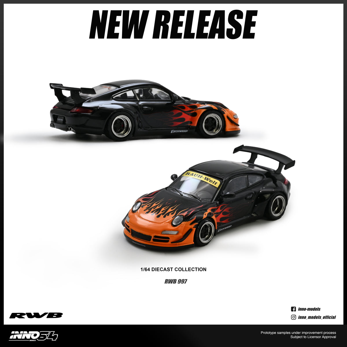 Pre-Order) 1:64 RWB 997 (Porsche 911) -- Black w/Orange Flames -- INN