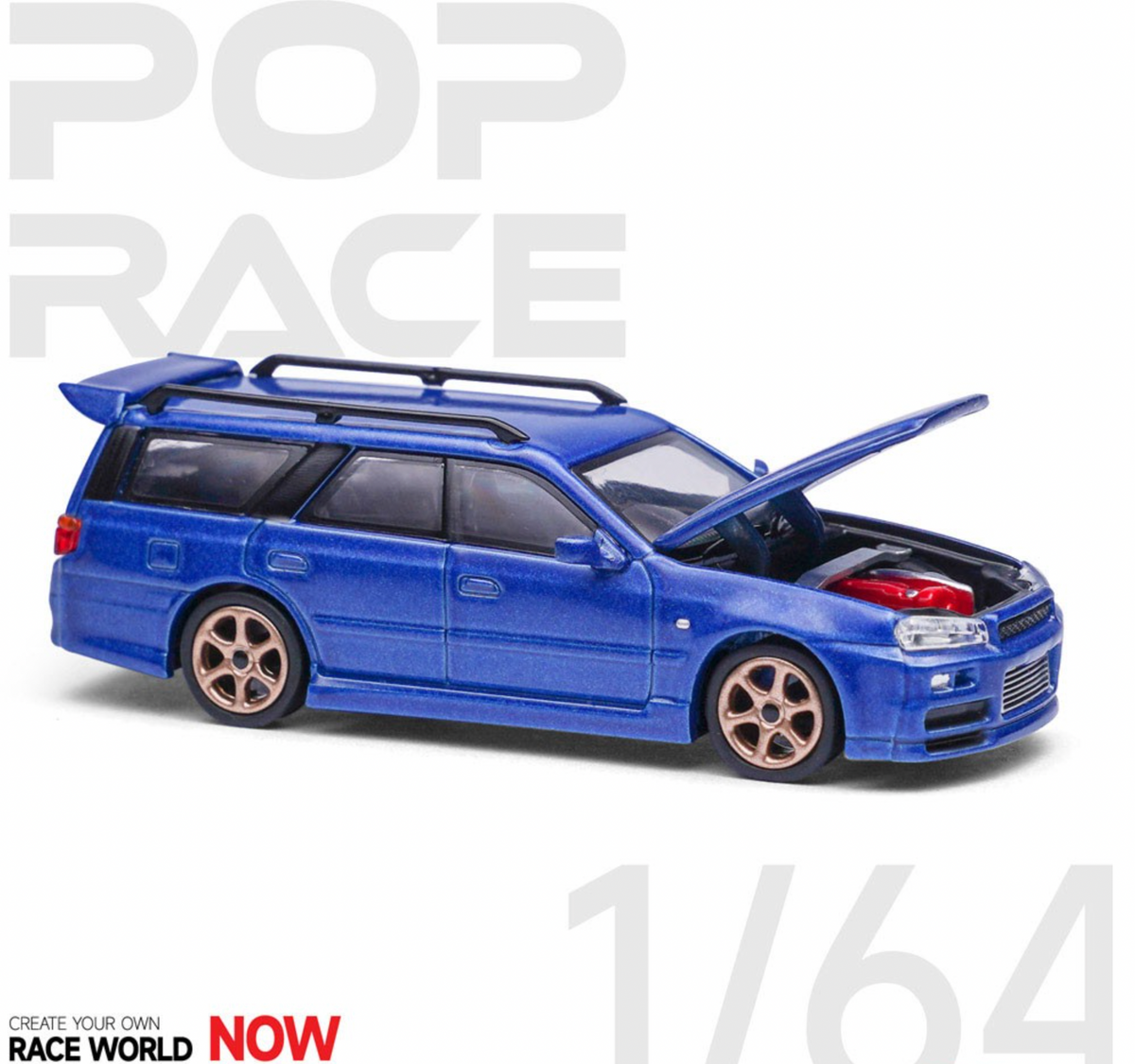 Voiture Miniature Nissan Stagea R34 1:64 - Metal, Bleue, Avec Boîte & Support