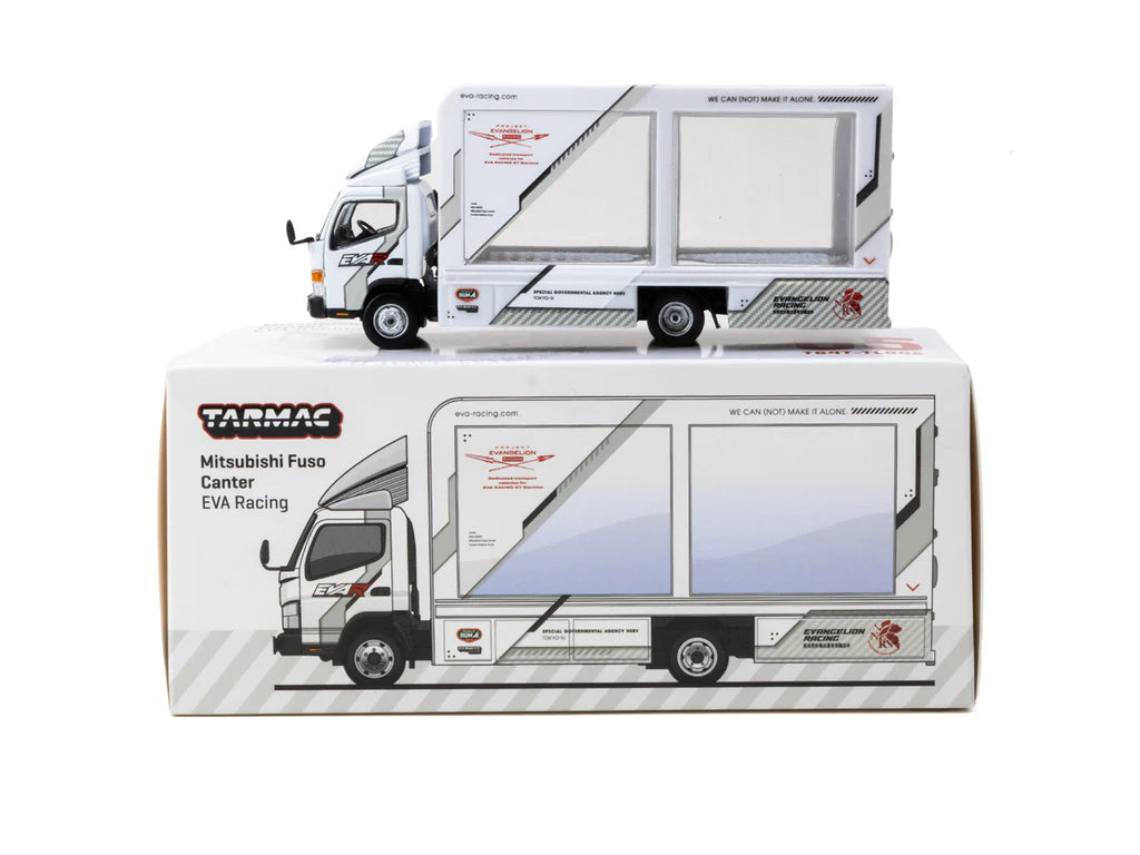 The Tarmac Works TRUCK64 Mitsubishi Fuso Canter EVA Racing truck doubles as a mobile showcase for your 1/64 collection. The rear compartment opens into a clear display bay designed to carry a 1/64 The Tarmac Works TRUCK64 Mitsubishi Fuso Canter EVA Racing truck doubles as a mobile showcase for your 1/64 collection. The rear compartment opens into a clear display bay designed to carry a 1/64