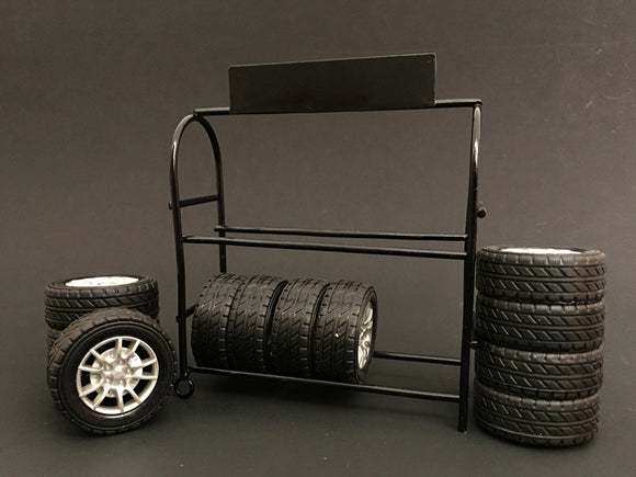 1:18 Metal Tyre Rack -- Comes with Rims and Tires -- American Diorama Accesories
