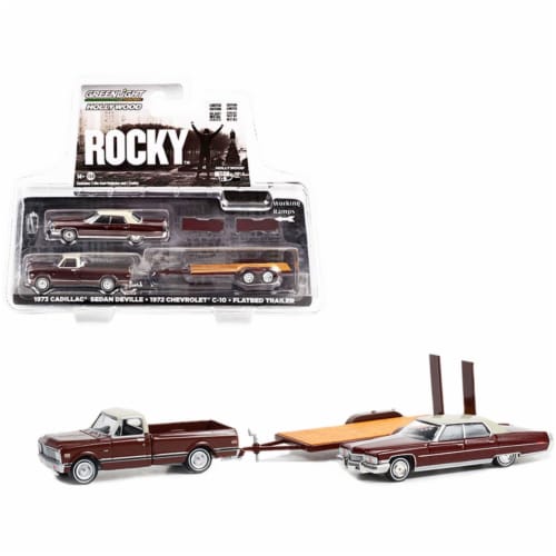 1:64 Rocky - 1973 Cadillac Deville/1972 Chevrolet C-10/Flatbed Trailer --  Greenlight