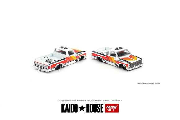 1:64 Chevrolet Silverado KAIDO WORKS V1 - White - KaidoHouse x Mini GT KHMG082