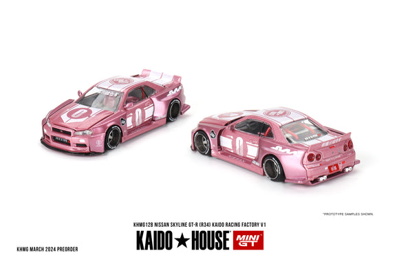 (Pre-Order) 1:64 Nissan Skyline GT-R R34 Kaido Racing V1 -- Pink -- KaidoHouse x Mini GT KHMG128