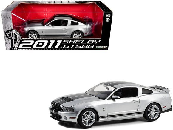 1:18 2011 Shelby GT500 Mustang -- Silver w/Black Stripes -- Greenlight Ford