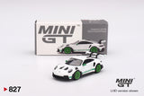 1:64 Porsche 911 (992) GT3 RS -- White w/Green Accent Package -- Mini GT MGT0082