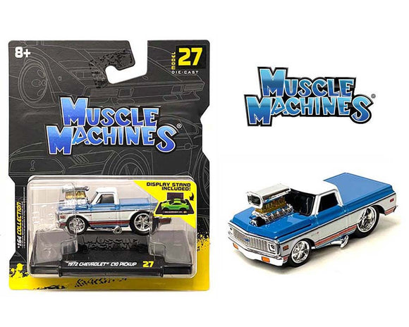 1:64 1972 Chevrolet C10 Pickup -- Blue/White -- Muscle Machines