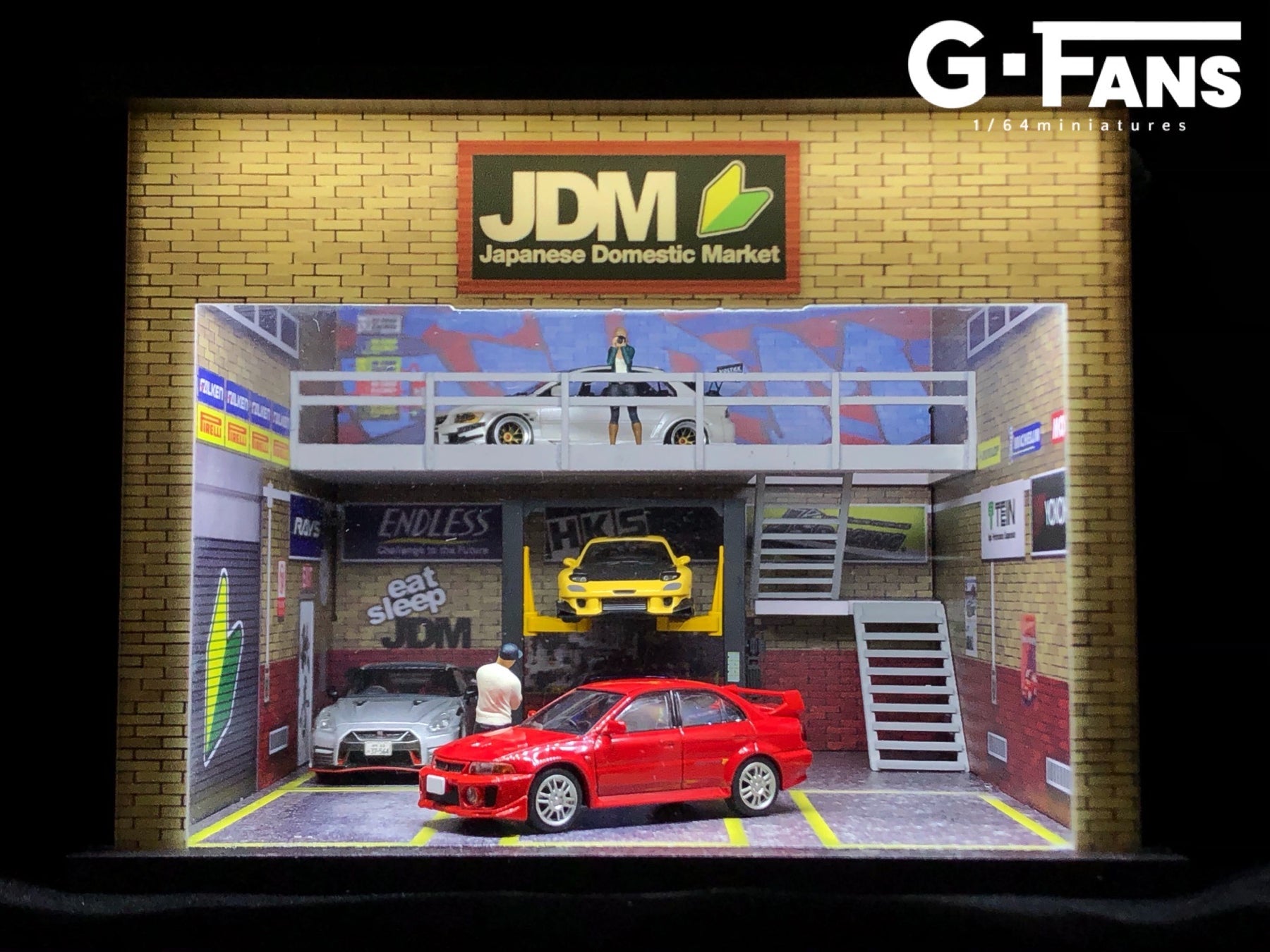 1:64 JDM Double-Storey Garage Diorama Display with LEDs -- G-Fans 7100