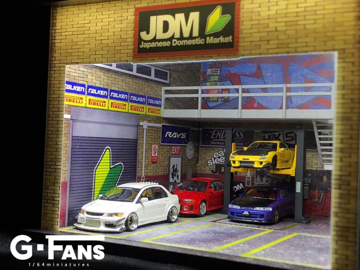 Jdm Display 1:64 JDM Double-Storey Garage Diorama Display with LEDs -- G-Fans 7100
