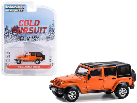 1:64 Cold Pursuit -- 2010 Jeep Wrangler Unlimited - Orange -- Greenlight