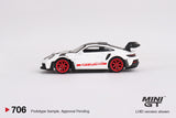 1:64 Porsche 911 (992) GT3 RS Weissach -- White w/Pyro Red -- Mini GT MGT00706