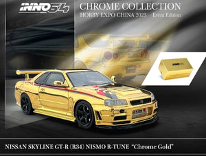 1:64 Nissan Skyline GT-R (R34) R-Tune -- Chrome Gold -- INNO64 China Expo 2023