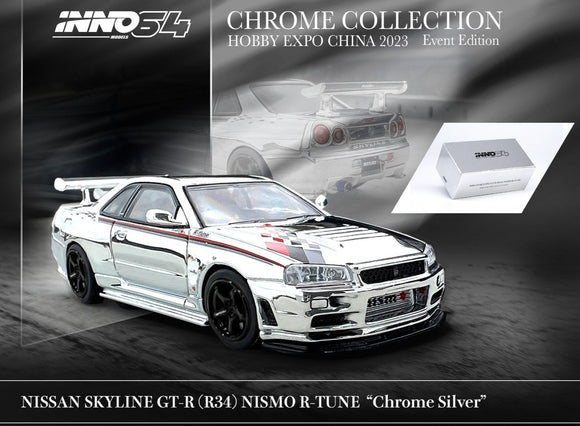 1:64 Nissan Skyline GT-R (R34) R-Tune -- Chrome Silver -- INNO64 China Expo 2023