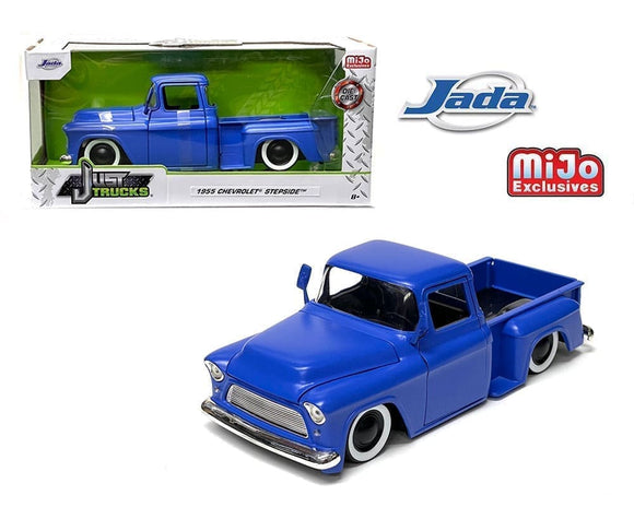 1:24 1955 Chevrolet Stepside Pickup Custom -- Matte Blue -- JADA: Just Trucks
