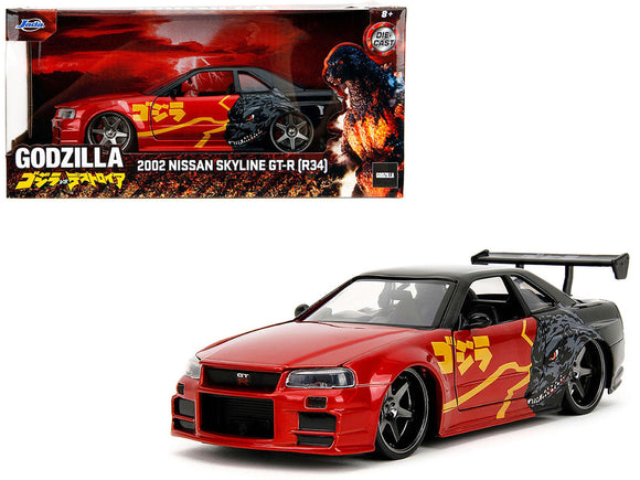 1:24 Godzilla w/Nissan Skyline R34 GT-R -- Red/Black -- JADA