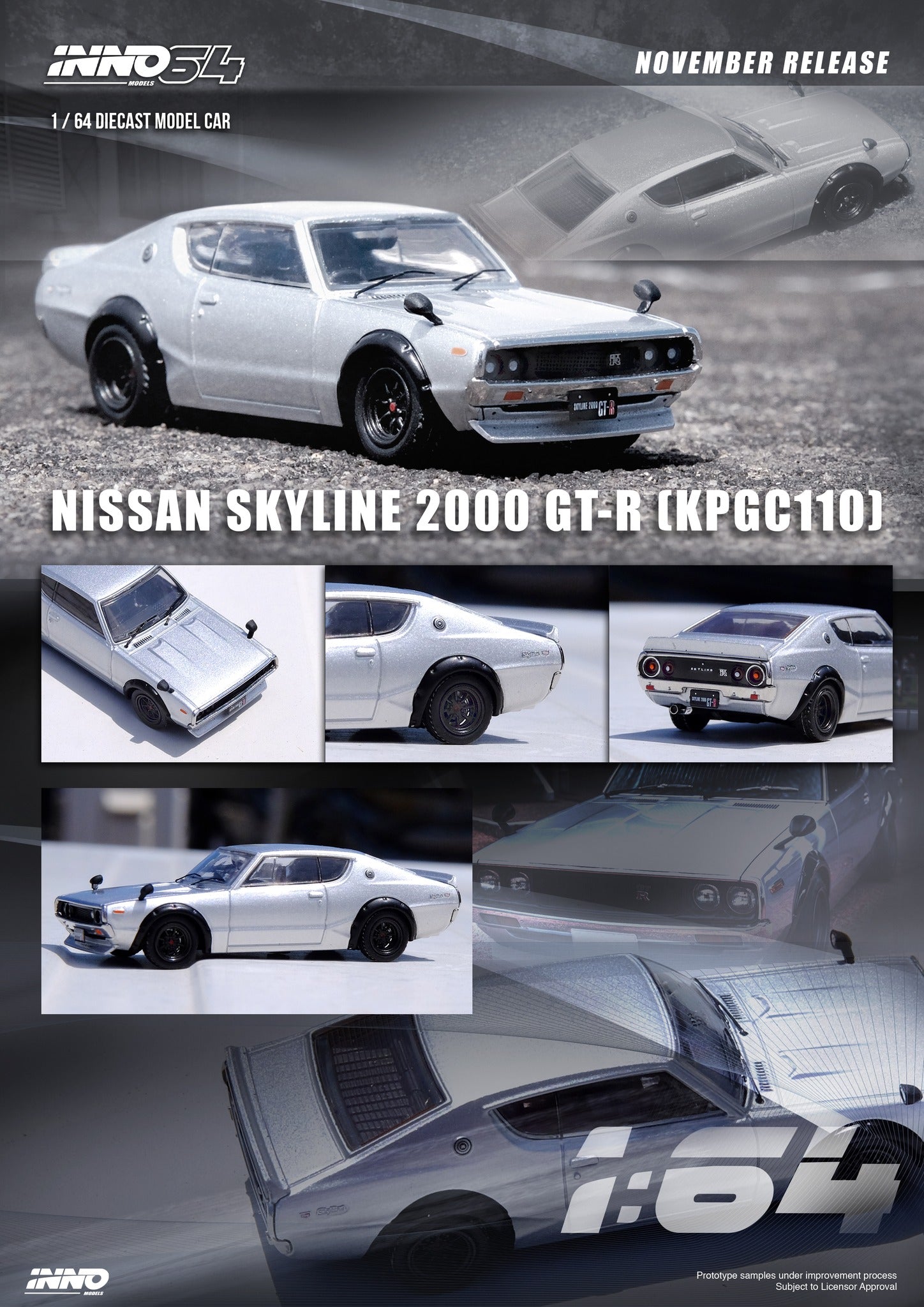 1:64 Nissan Skyline 2000 GT-R (KPGC110) -- Silver -- INNO64