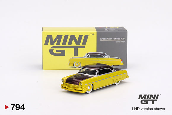 1:64 Lincoln Capri Hot Rod 1954 -- Lime Yellow -- Mini GT MGT00794