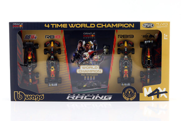1:43 Max Verstappen 4 Time World Champion -- Red Bull 4-Pack Set -- Bburago F1