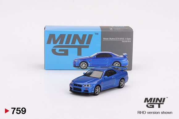 1:64 Nissan Skyline GT-R (R34) V-Spec -- Bayside Blue -- Mini GT MGT00759