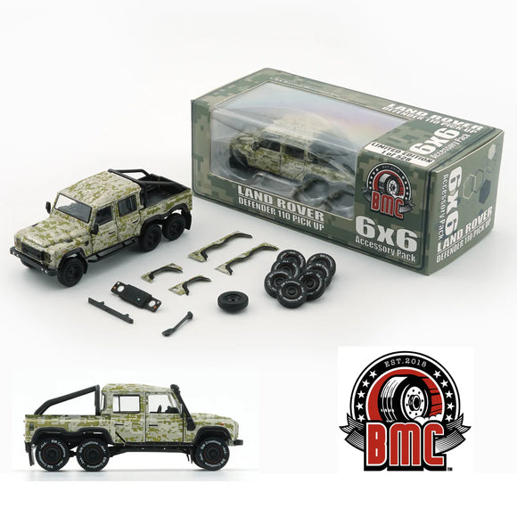 1:64 Land Rover Defender 110 Pickup 6x6 -- Camo Green -- BM Creations