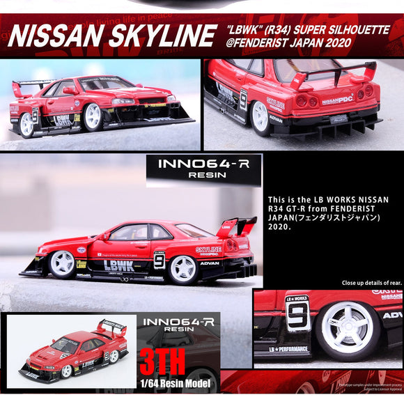 1:64 LBWK Nissan E-R34 Super Silhouette Skyline GTR -- #9 Red 2020 -- INNO64