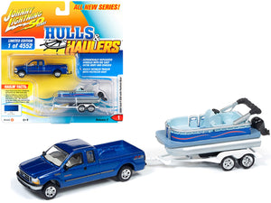 1:64 2004 Ford F-250 Pickup (Blue) w/Pontoon Boat "Hulls & Haulers" -- Johnny Li