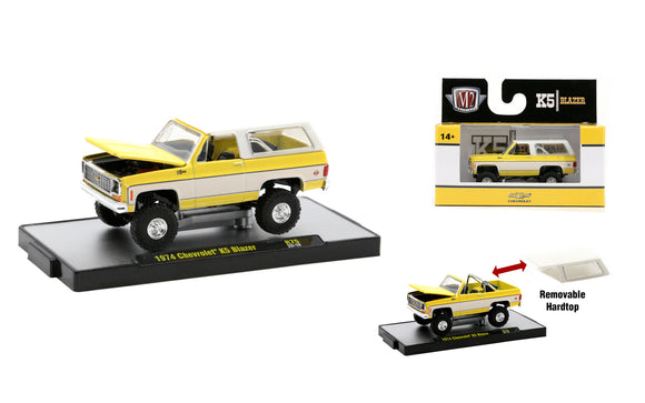 1:64 1974 Chevrolet K5 Blazer -- Yellow/White -- M2 Machines Auto Thentics 75