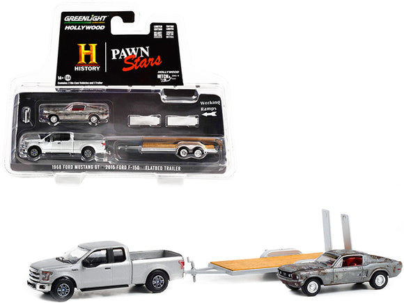 1:64 Pawn Stars - 1968 Ford Mustang GT/2015 Ford F-150/Flatbed Trailer --  Greenlight