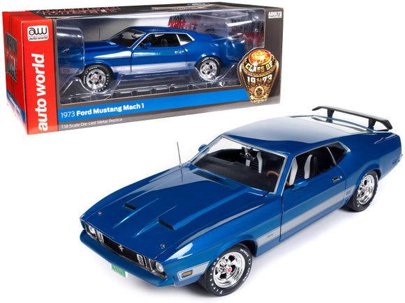 1:18 1973 Ford Mustang Mach 1 -- 3K Blue Glow with Silver Stripes -- American Mu