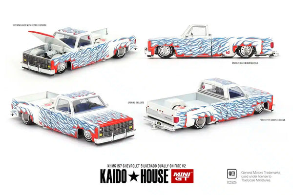 1:64 Chevrolet Silverado Dually on Fire V2 -- Kaido House x Mini GT KH