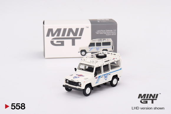 1:64 Land Rover Defender 110 -- 1991 Safari Rally Martini Support -- Mini GT