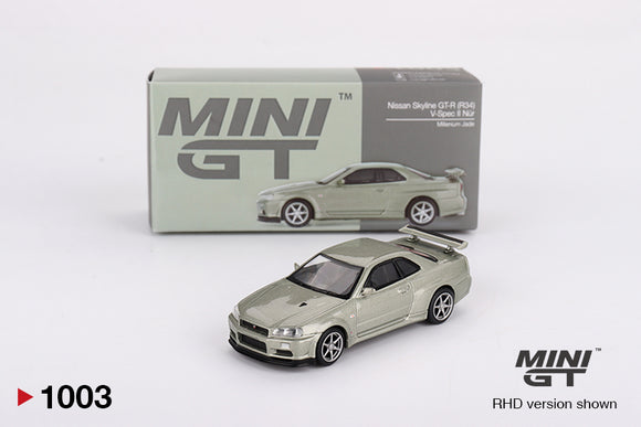 1:64 Nissan Skyline GT-R (R34) V-Spec II Nür - Millenium Jade - Mini GT MGT01003