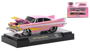 1:64 1958 Plymouth Fury -- Pink w/Flames -- M2 Machines Ground-Pounders