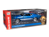 1:18 1973 Ford Mustang Mach 1 -- 3K Blue Glow with Silver Stripes -- American Mu