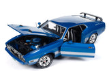 1:18 1973 Ford Mustang Mach 1 -- 3K Blue Glow with Silver Stripes -- American Mu