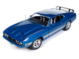 1:18 1973 Ford Mustang Mach 1 -- 3K Blue Glow with Silver Stripes -- American Mu