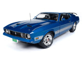 1:18 1973 Ford Mustang Mach 1 -- 3K Blue Glow with Silver Stripes -- American Mu