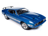 1:18 1973 Ford Mustang Mach 1 -- 3K Blue Glow with Silver Stripes -- American Mu