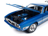 1:18 1973 Ford Mustang Mach 1 -- 3K Blue Glow with Silver Stripes -- American Mu