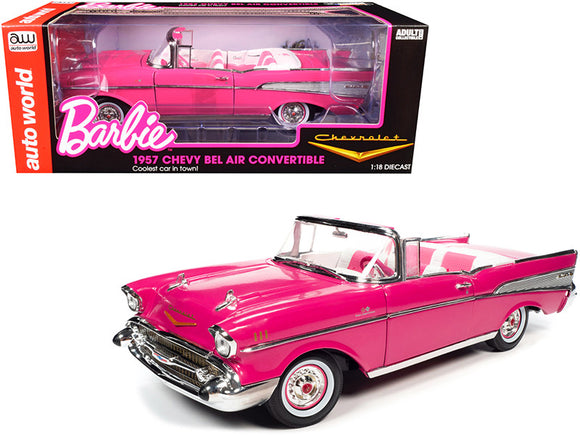 1:18 1957 Chevrolet Bel Air Convertible -- Barbie Pink -- Auto World