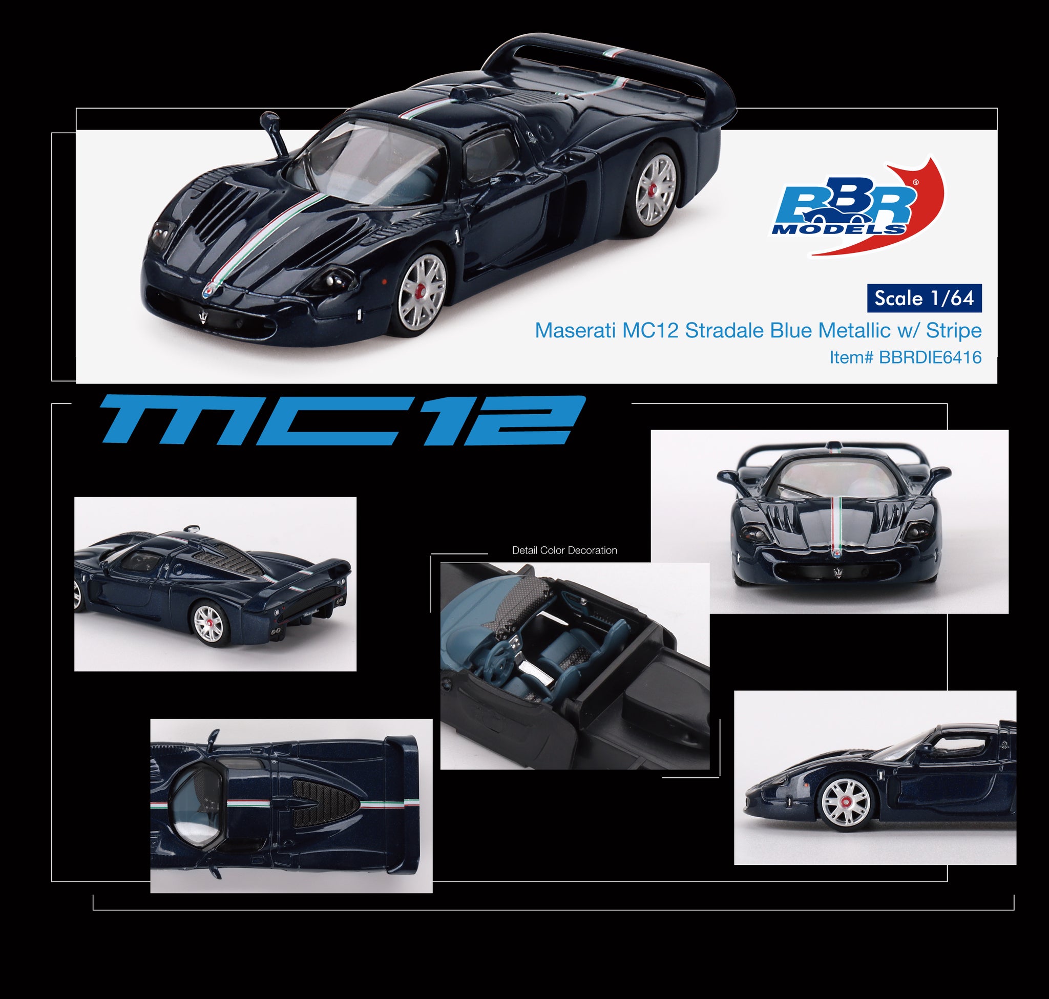 1:64 Maserati MC12 Stradale -- Blue Metallic w/White Stripe -- BBR