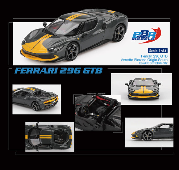 (Pre-Order) 1:64 Ferrari 296 GTB -- Assetto Fiorano Grigio Scuro (Grey/Yellow) -- BBR