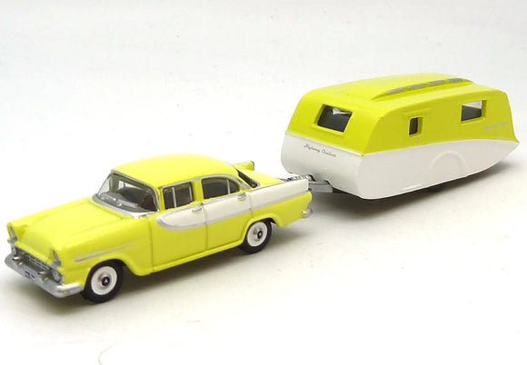 1:87 (HO) 1960 Holden FB Sedan w/Caravan -- Yellow/White -- Cooee Classics