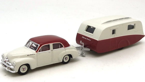 1:87 (HO) 1953 Holden FJ Sedan w/Caravan -- Glamour Red/Marl Grey -- Cooee Classics
