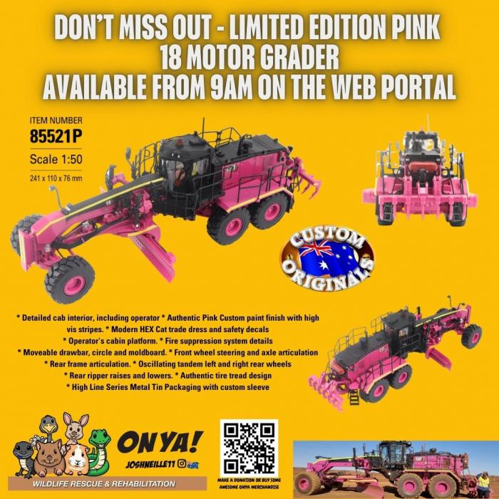 1:50 CAT 18M3 Motor Grader -- Pink -- Diecast Masters Caterpillar 8552