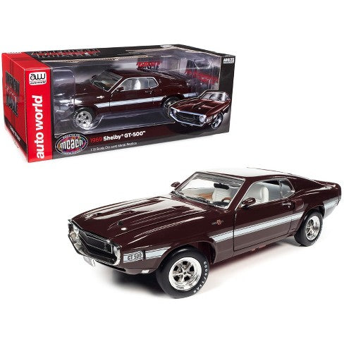 1:18 1969 Shelby Mustang GT-500 -- Maroon w/White Stripes -- American Muscle